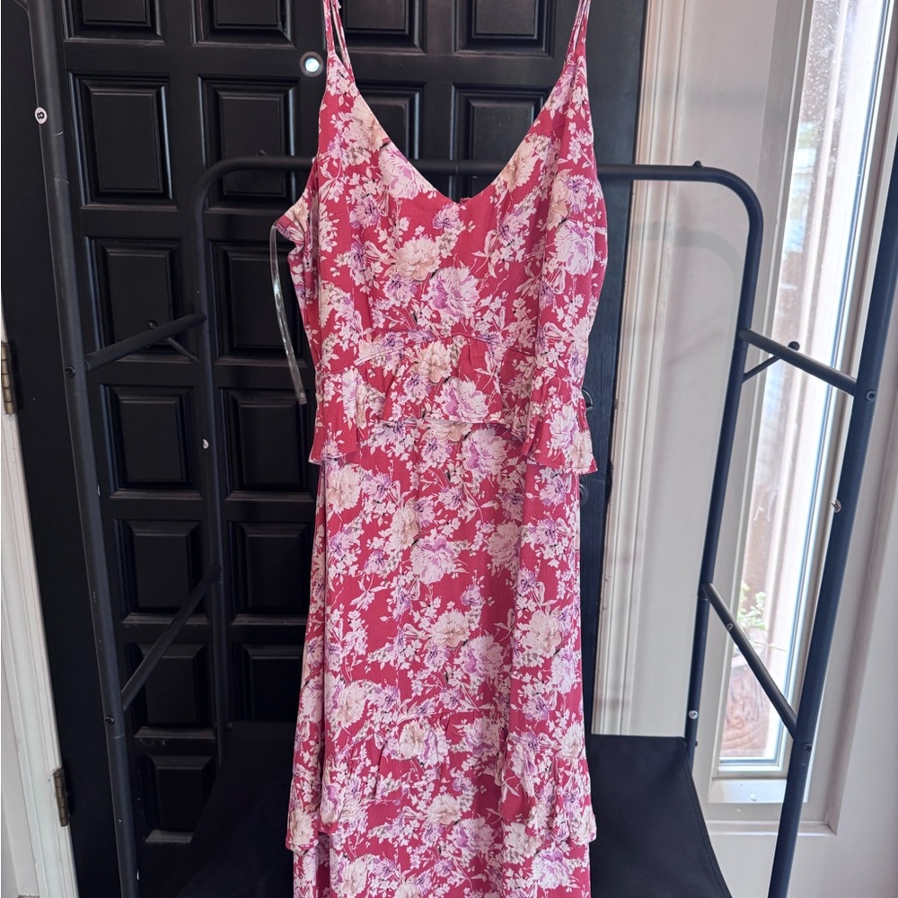 Floral Salmon tiered Sleeveless Dress